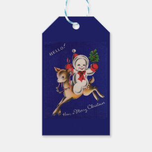 Hello! Merry Christmas snowman on reindeer Gift Tags