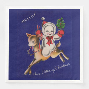 Hello! Merry Christmas snowman on reindeer Napkin