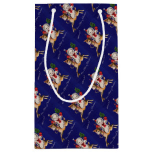 Hello! Merry Christmas snowman on reindeer Small Gift Bag