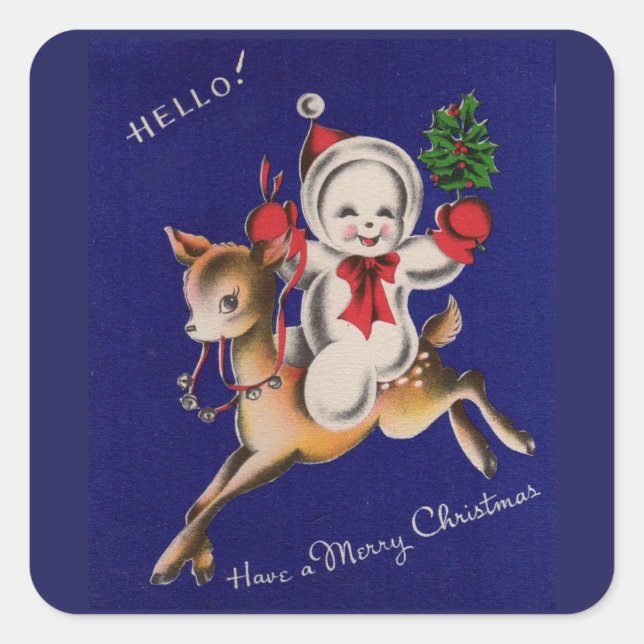Hello! Merry Christmas snowman on reindeer Square Sticker (Front)