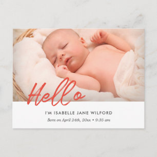 Hello - Modern birth announcement photo Postcard