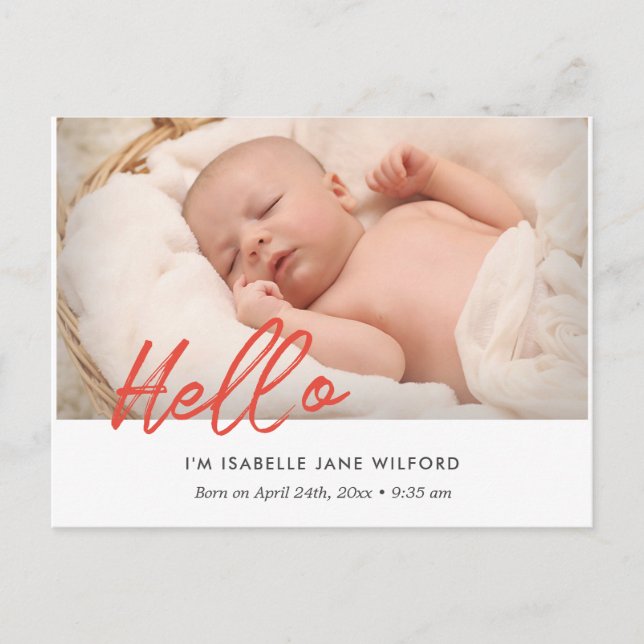 Hello - Modern birth announcement photo Postcard (Front)