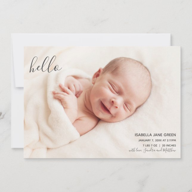 Hello Modern Elegant Birth Announcement Photo Card (Front)