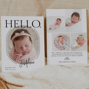 Hello   Modern Minimalist Baby Oval Photo Birth Announcement
