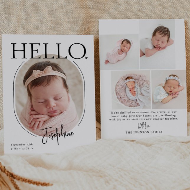 Hello | Modern Minimalist Baby Oval Photo Birth Announcement (Creator Uploaded)