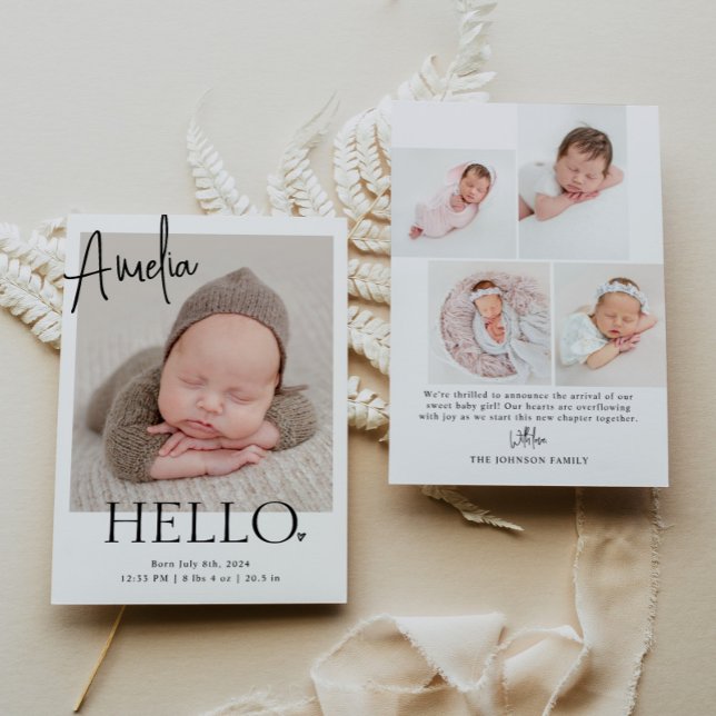 Hello | Modern Minimalist Simple Baby Photo Birth Announcement (Creator Uploaded)
