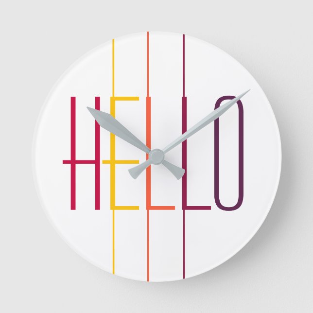 Hello modern striped multicolored typography round clock (Front)