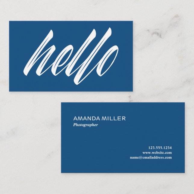 Hello Modern White Script on Blue Business Card (Front/Back)
