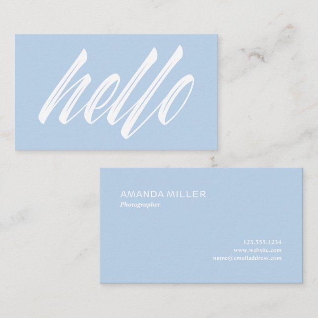 Hello Modern White Script on Light Blue Business Card (Front/Back)