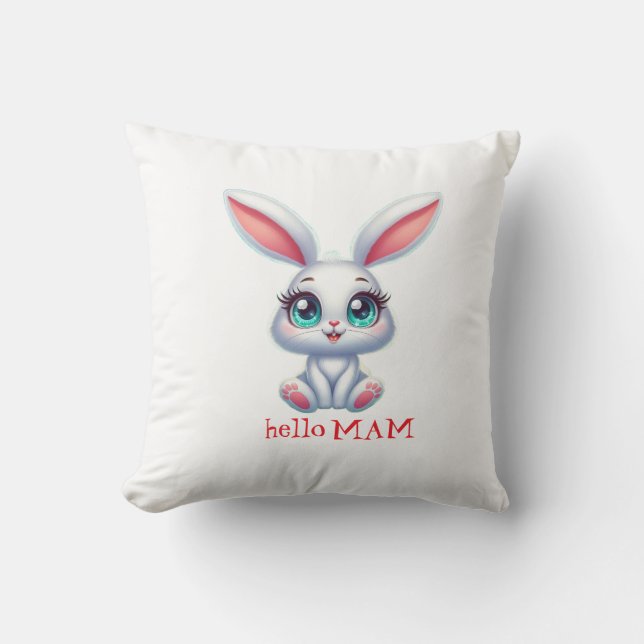 Hello Mum Pillow – Cute Bunny Nursery Cushion (Front)