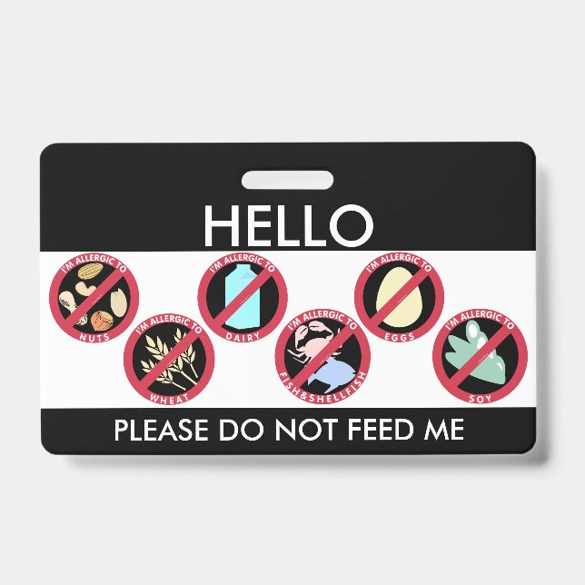 Hello My Name is Allergic To Custom Top 8 Allergen ID Badge (Front)