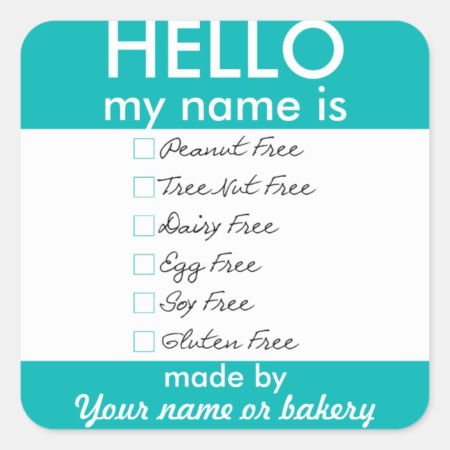 Hello My Name Is Allergy Free Baking Bake Sale Square Sticker (Front)