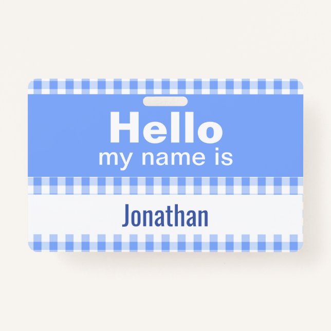 Hello My Name Is - gingham blue and white  ID Badge (Front)