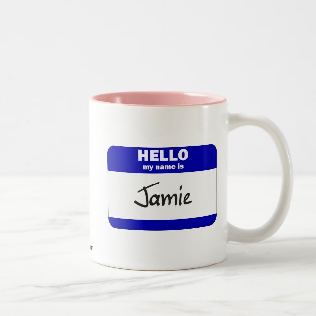 Hello My Name Is Jamie (Blue) Two-Tone Coffee Mug (Right)