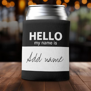 Hello my name is - personalised black white can cooler