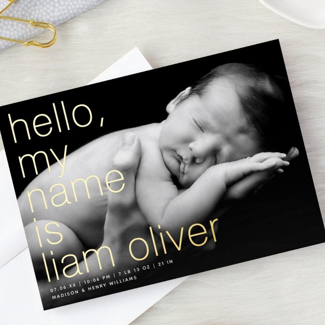 Hello My Name Is __ Photo FOIL Birth Announcement  (Creator Uploaded)