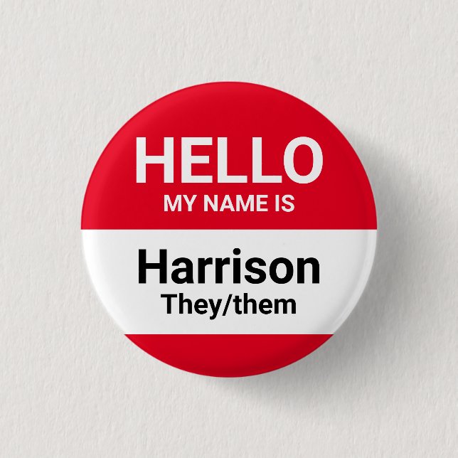 Hello my name is red custom name pronouns id badge (Front)