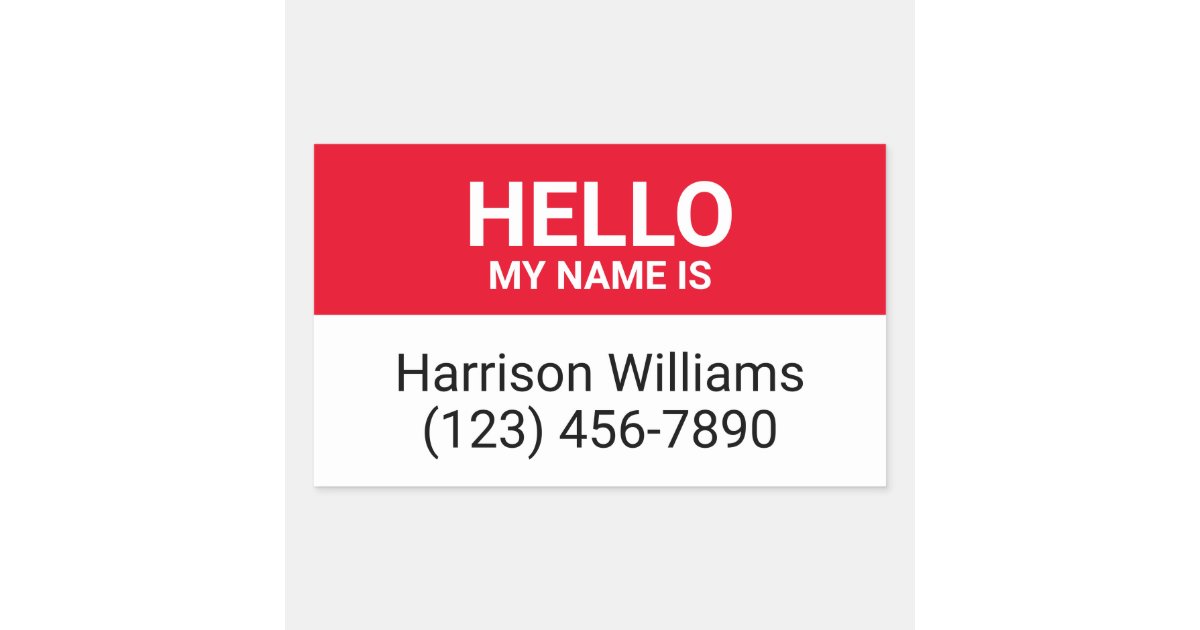 Hello my name is red & white custom name id badge rectangular sticker ...