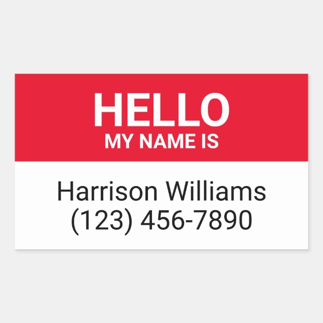 Hello my name is red & white custom name id badge rectangular sticker (Front)