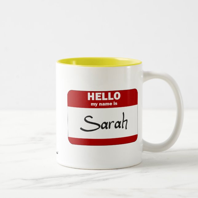 Hello My Name Is Sarah (Red) Two-Tone Coffee Mug (Right)