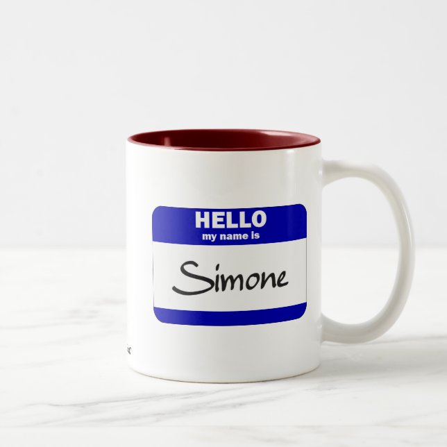 Hello My Name Is Simone (Blue) Two-Tone Coffee Mug (Right)