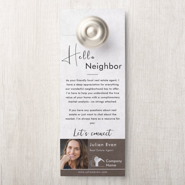 Hello Neighbour Real Estate Marketing Rustic Brown Door Hanger (On Knob)