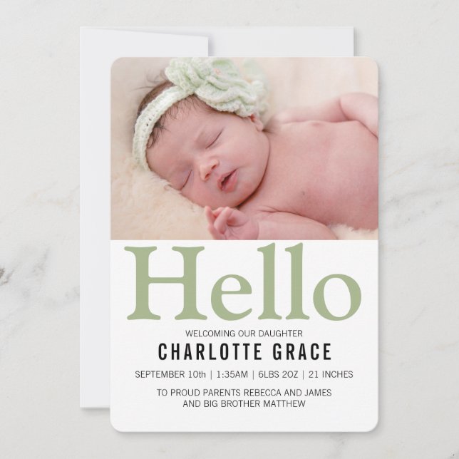Hello New Baby Green Personalised Announcement (Front)