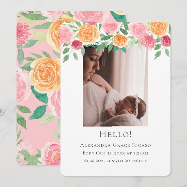 Hello New Baby Photo Personalised Pink Flowers Invitation (Front/Back)