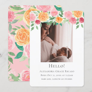 Hello New Baby Photo Personalised Pink Flowers Invitation