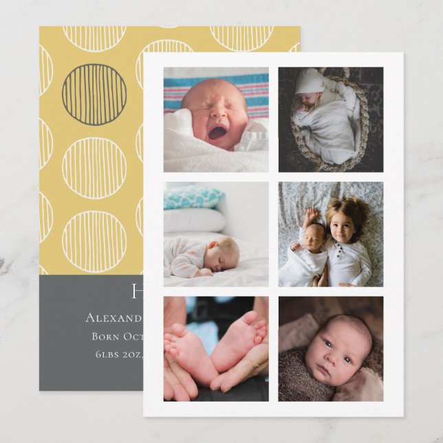 Hello New Baby Photo Personalised Yellow Grey Invitation (Front/Back)