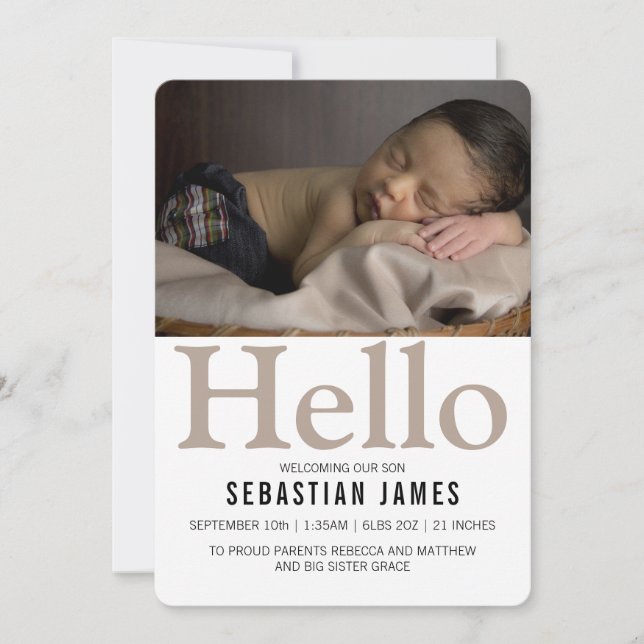 Hello New Baby Taupe Personalised Announcement (Front)