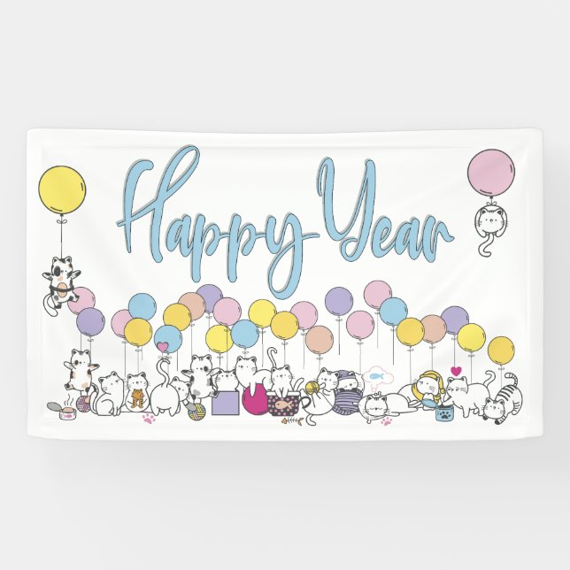 Hello New Year 2024 With Playing Cats Banner (Horizontal)