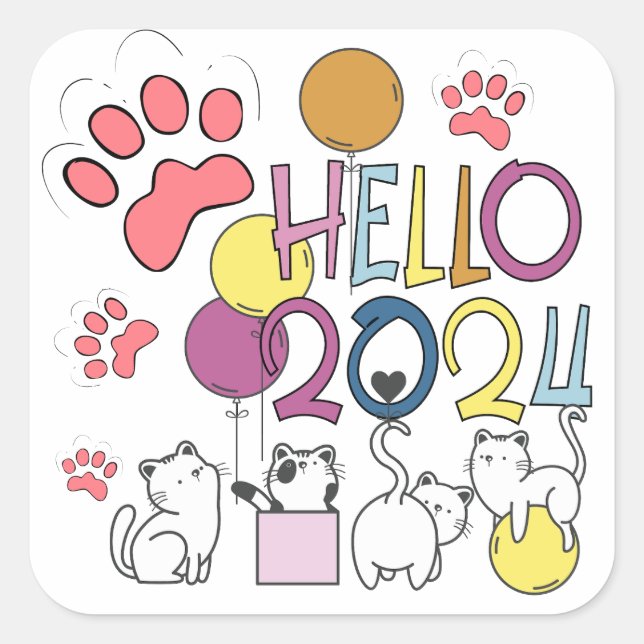 Hello New Year 2024 With Playing Cats Square Sticker (Front)