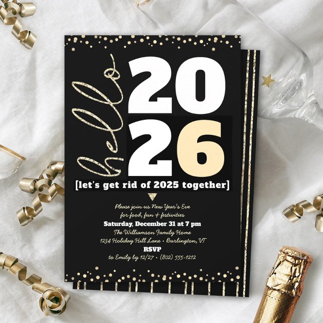 Hello New Year Black Gold Modern Custom Add Year  Invitation (Creator Uploaded)