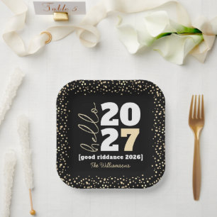 Hello New Year Black Gold Modern Custom Year Name Paper Plate