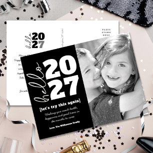 Hello New Year Black White Bold Custom Year Photo Holiday Postcard