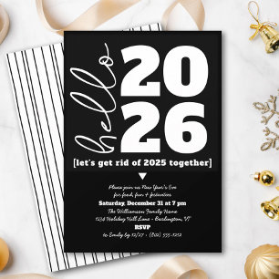 Hello New Year Black White Modern Custom Add Year  Invitation