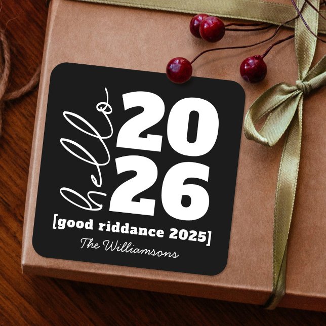 Hello New Year Bold Black White Custom Year Name Square Sticker (Creator Uploaded)