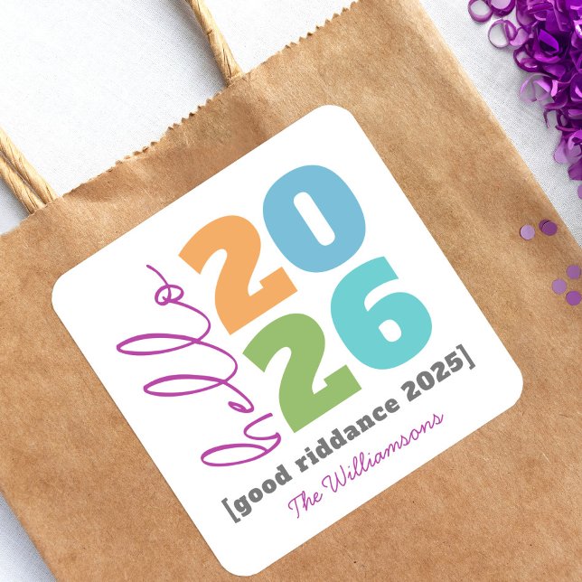 Hello New Year Bold Modern Custom Add Year Name Square Sticker (Creator Uploaded)