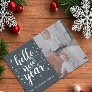 Hello New Year! Distressed 2 Photo Holiday Card