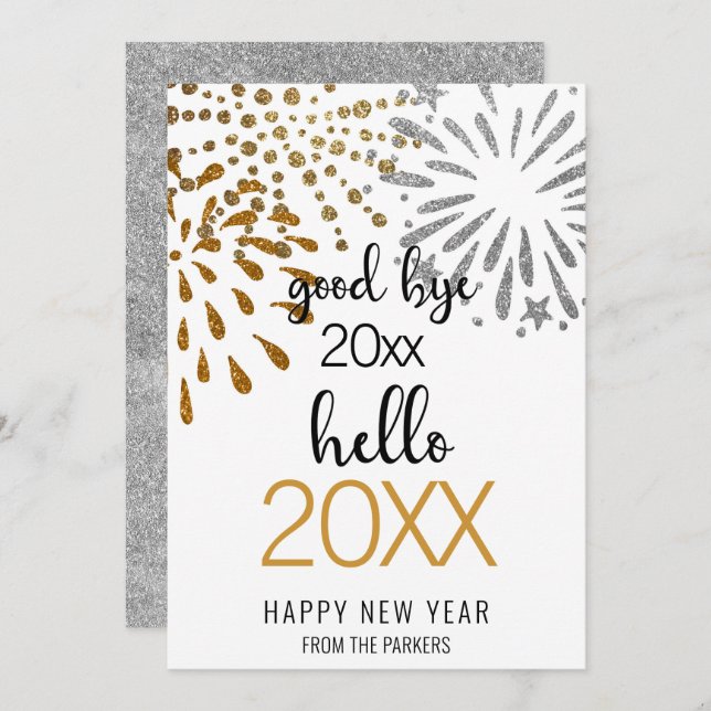 Hello New Year Festive Fireworks Gold Glitter Chic Holiday Card (Front/Back)