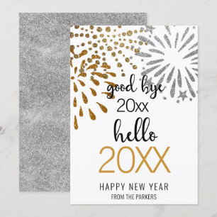 Hello New Year Festive Fireworks Gold Glitter Chic Holiday Card