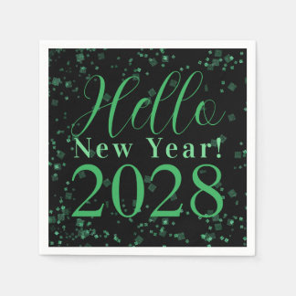 Hello New Year! New Year's Eve Green Black Sparkle Napkin