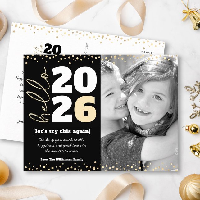 Hello New Year Photo Black Gold Modern Custom Year Holiday Postcard (Creator Uploaded)