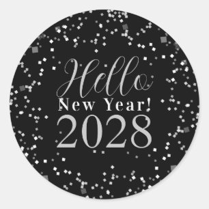 Hello New Year's Eve Black and Silver Sparkle Classic Round Sticker