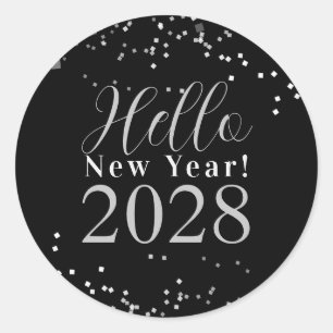 Hello New Year's Eve Party Black Silver Sparkle Classic Round Sticker