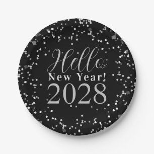 Hello New Year's Eve Party Black Silver Sparkle Paper Plate