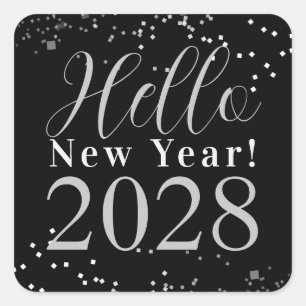 Hello New Year's Eve Party Black Silver Sparkle Square Sticker