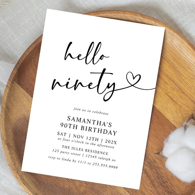 Hello Ninety Black and White 90th Birthday Party Invitation (Creator Uploaded)