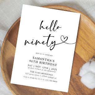 Hello Ninety Black and White 90th Birthday Party Invitation